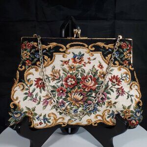 Vintage D-Val Hong Kong Designer Purse Black & Floral Tapestry Petit Point